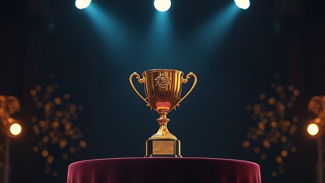 A golden trophy under spotlight, representing achievement and celebration.