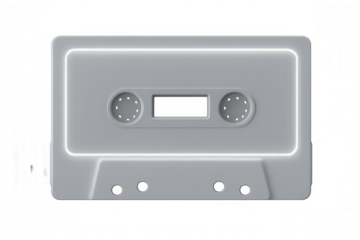 Glowing white audio cassette highlighting retro music technology against transparent backdrop, evoking nostalgic memories of analog sound era
