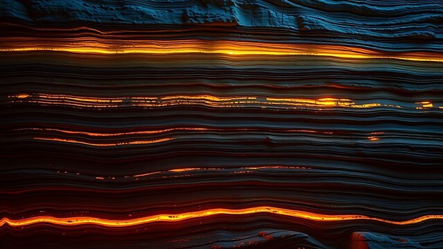 Glowing sedimentary rock layers pulsing with ancient energy, revealing Earth's geological history.