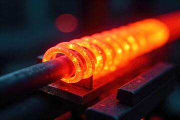 Close-up shot of a glowing, red-hot heating element radiating intense heat, perfect for illustrating concepts of energy and thermal processes , coil, thermal, fire