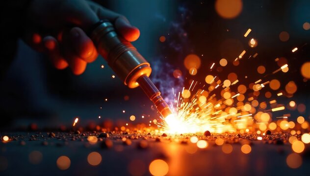Close-up shot of a welding torch igniting, intense orange and white heat glowing brightly, sparks flying , hot, orange flame