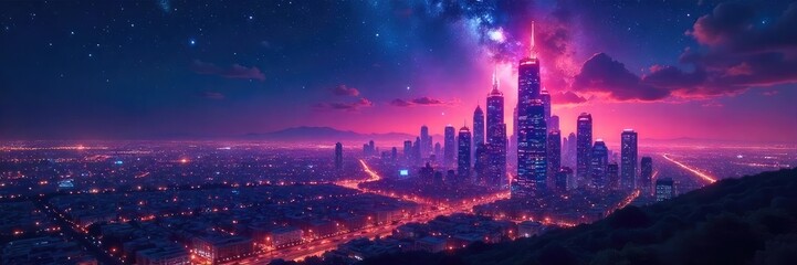Fototapeta premium Futuristic cityscape at night, glowing buildings reaching towards a vibrant, star-filled sky, representing a technologically advanced and hopeful future , clean energy, prosperity, modern