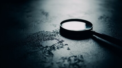 A magnifying glass rests on a textured dark surface with scattered residue,