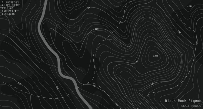 Black and white topographic map with contour lines and elevation marks. Stylish fantasy topo map for navigation with terrain contour and elevation signs. 