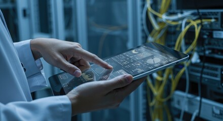 Person in lab coat using a tablet in front of server racks.