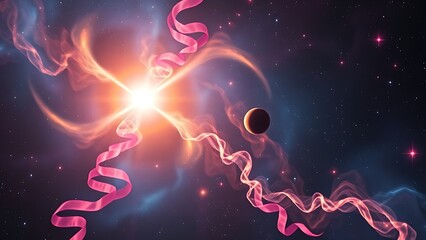 Obraz premium Two star cores weave jewel-toned gas ribbons in an ultra-detailed cosmic nebula close-up.