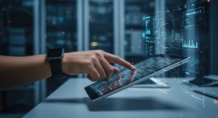 Hand using a tablet in a server room with digital overlay.