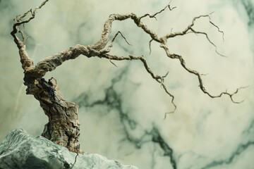 A gnarled, leafless tree stands stark against a muted, cloudy backdrop, conveying a sense of age and resilience.