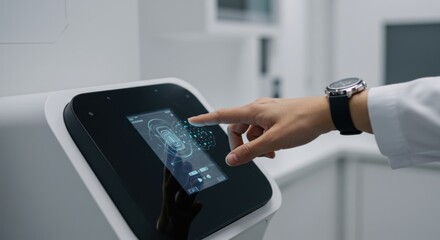 Hand touches screen of medical device in a clean laboratory environment.