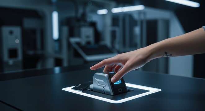 Hand interacts with a device on a table in a modern industrial setting.