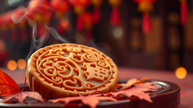Steaming mooncake with ornate designs, paired with autumn leaves for China National Day. - Powered by Adobe