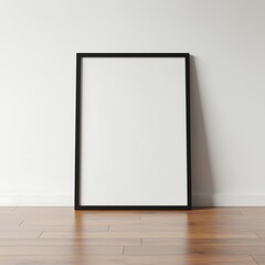 Elegant Black Frame Leaning Against Wall with Wooden Floor Template Mockup for Artwork and Photography Display