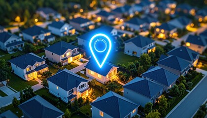 Nighttime real estate exploration includes community safety emphasis and precise location mapping for suburban homes, aiding buyers in property selection with detailed search pins