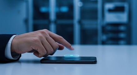 Hand touches a smartphone on a desk with server racks in background.