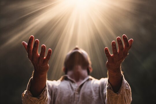 Person facing sky hands raised bathed in bright sunlight