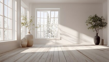 Obraz premium Minimalist interior design of an empty room with large windows, wooden floor, and a decorative plant