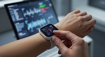 Hand touches smartwatch screen; laptop displays data in background.