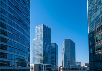 Fototapeta premium Modern City Skyscrapers Architectural Photography of Glass Buildings Under Clear Blue Sky.