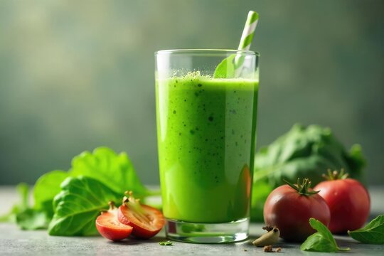 Vibrant green smoothie in a blender, fresh ingredients like spinach, kale, and fruits surround it, ready to be blended for a healthy and refreshing drink , mixer, energy, healthy