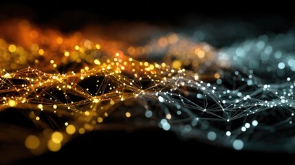 Abstract network of interconnected points in warm and cool colors