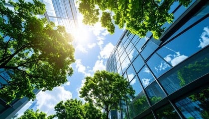 Summer sky in the city with green trees and shiny glass exterior walls in harmony