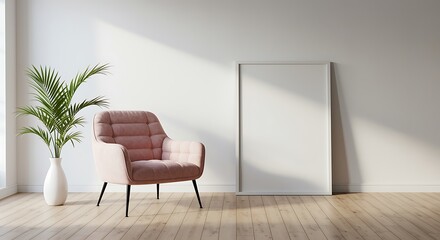 Fototapeta premium Elegant interior scene with pink armchair framed poster and green potted plant creating a serene and inviting atmosphere in a modern home