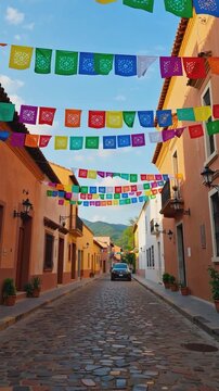 vertical. Colorful papel picado flags hanging above narrow cobblestone street lined with colonial-style buildings in traditional town. Decorative banners for cultural celebration in Mexico. Urban arch