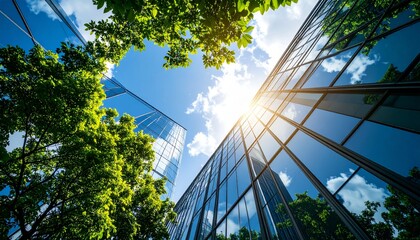 Summer sky in the city with green trees and shiny glass exterior walls in harmony