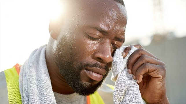 Close up of sweating man wiping his face with towel, after hard work outdoors in the sun.