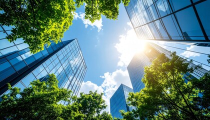 Summer sky in the city with green trees and shiny glass exterior walls in harmony