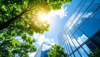 Summer sky in the city with green trees and shiny glass exterior walls in harmony