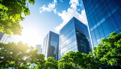Summer sky in the city with green trees and shiny glass exterior walls in harmony