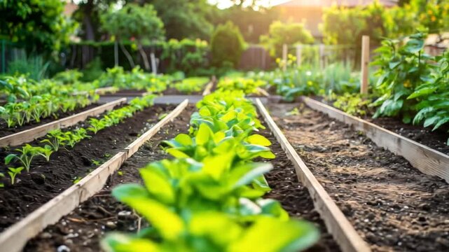 Rows of Young Green Vegetable Plants Growing in Raised Garden Beds Under Golden Sunlight During Sunset Agriculture and Cultivation