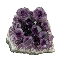 Fototapeta premium Magnificent natural amethyst crystal cluster, deep violet to rich purple, translucent, sharp facets, isolated on transparent seamless backdrop, high-end product showcase