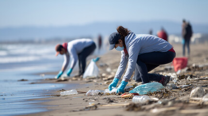 Environmental Volunteers Cleaning Plastic Waste from a Beach Shoreline. Ai gen.

