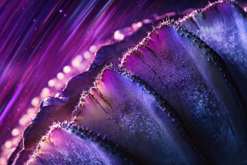 Close-up of a vibrant purple flower with cosmic background, showcasing intricate details and textures.
