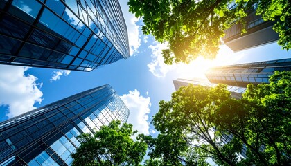 Summer sky in the city with green trees and shiny glass exterior walls in harmony