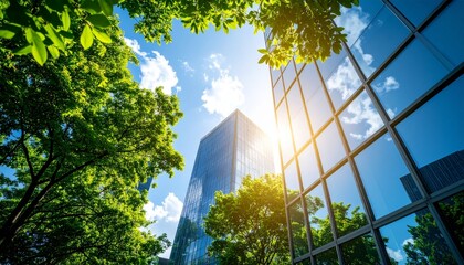 Summer sky in the city with green trees and shiny glass exterior walls in harmony