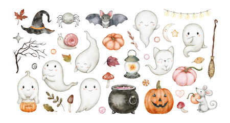 Halloween clipart isolated on white. Cute cartoon ghost, bat, pumpkin, witch broom, hat, cauldron, spider, mouse. Hand drawn watercolor illustration set. Kids autumn design for cards, stickers, decor.