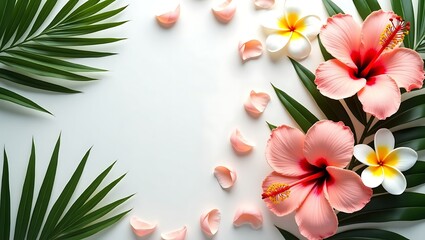 Obraz premium Arrangement of hibiscus and plumeria flowers with palm leaves on white