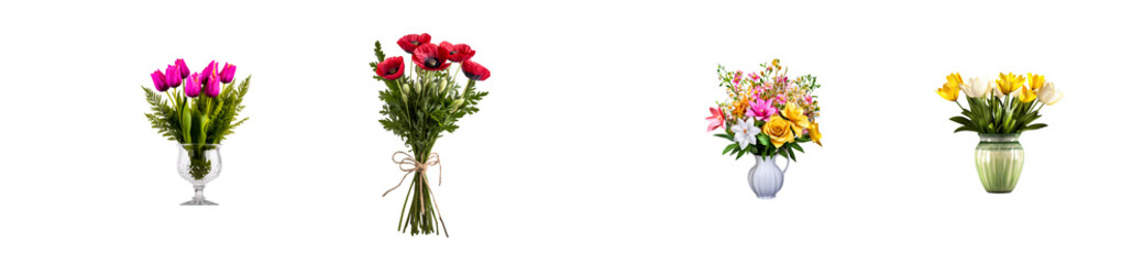 Obraz premium Diverse floral arrangements in clear glass vase and decorative pots, cut out transparent