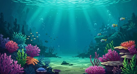 輝くサンゴ礁 美しい海中世界 穏やか光線 色鮮やか魚群泳ぐ. AI Generated