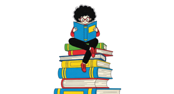 Curious child engrossed in reading, perched atop a vibrant stack of colorful books