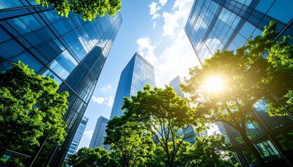 Summer sky in the city with green trees and shiny glass exterior walls in harmony