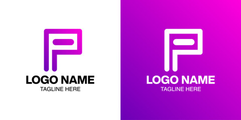 Modern letter P logo design concept. Minimalist initial P icon for business or technology identity. Abstract purple gradient vector graphic symbol for branding.