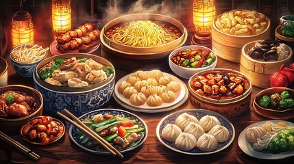 illustration of variety of traditional Chinese dishes. A delightful spread of flavors and textures.