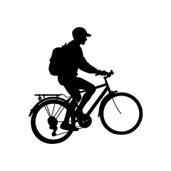 Obraz premium Vector silhouette of a person riding a bicycle with a backpack. Isolated graphic illustration of a cyclist for an active lifestyle concept.