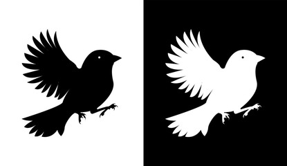 Obraz premium Black and white silhouette of a flying sparrow. Minimalist vector bird icon set isolated for logo, emblem or freedom and peace concept.