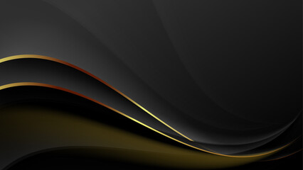 Black abstract waves with golden outlines background wallpaper.