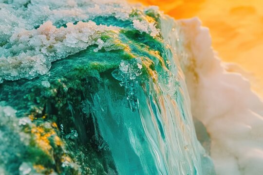 Frozen waterfall cascading over rocks, icy turquoise water, winter scene.